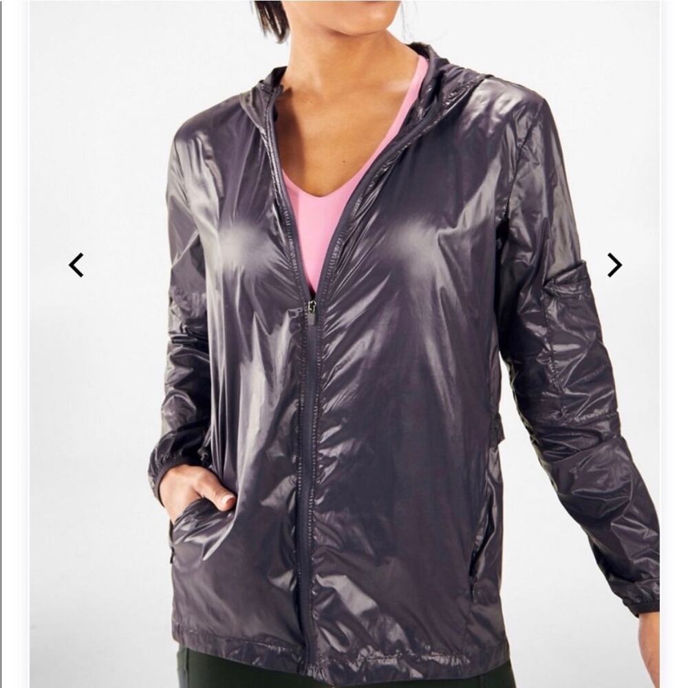 Fabletics Kali Run Jacket Gray Packable Hooded Wi… - image 1
